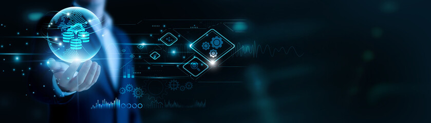 Businessman hand hold Big Data and global networking, harnessing massive insights. Scalable analytics transform trends, empowering smart decisions in dynamic markets.