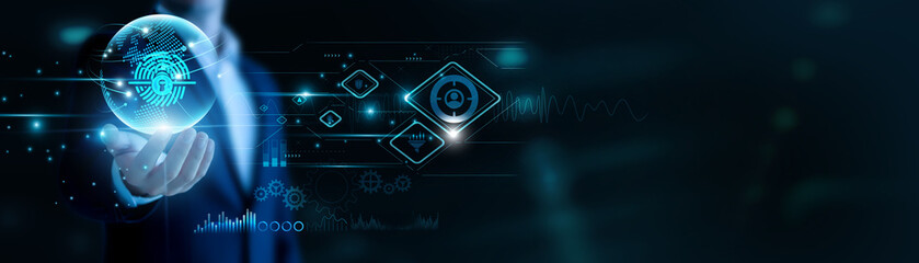 Fototapeta premium Businessman hand hold Biometric Security and global networking, ensuring identity protection. Advanced authentication systems secure access, enhancing digital trust.