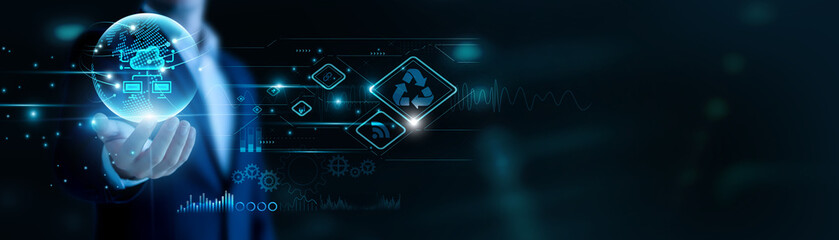 Businessman hand hold Cloud Computing and global networking, powering scalable systems. Flexible access drives innovation, virtual storage enhances business efficiency.