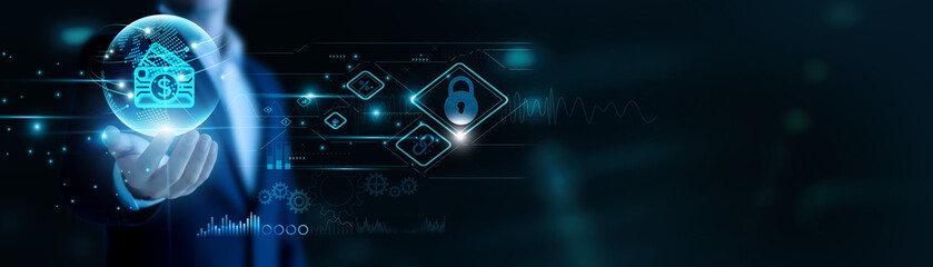 Businessman hand hold Digital Payments and global networking, enabling seamless transactions. Secure platforms enhance speed, fintech solutions advance global commerce.