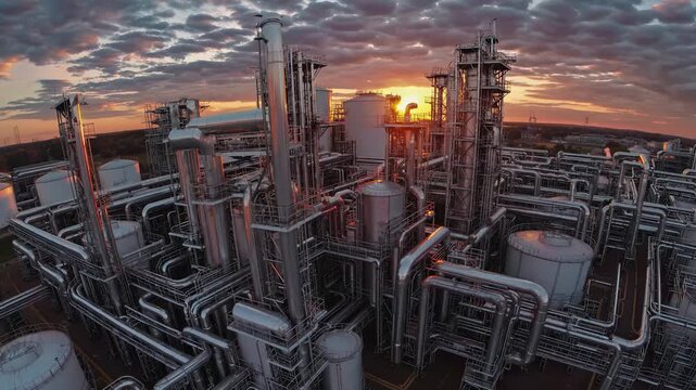 Industrial complex at sunset showcases intricate piping and storage tanks, with a gradual camera zoom revealing the scene's depth and detail