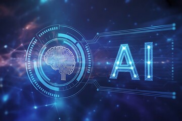 Concept of Artificial intelligence. AI digital brain icon on frames HUD futuristic style on a dark blue background. Futuristic technology background.