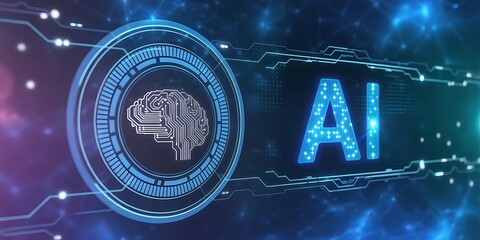 Concept of Artificial intelligence. AI digital brain icon on frames HUD futuristic style on a dark blue background. Futuristic technology background.