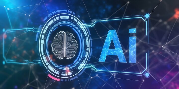 Concept of Artificial intelligence. AI digital brain icon on frames HUD futuristic style on a dark blue background. Futuristic technology background.
