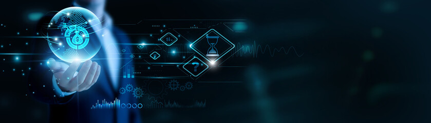 Businessman hand hold Investment and global networking, maximizing financial returns. Strategic planning unlocks growth, intelligent insights shape decisions.