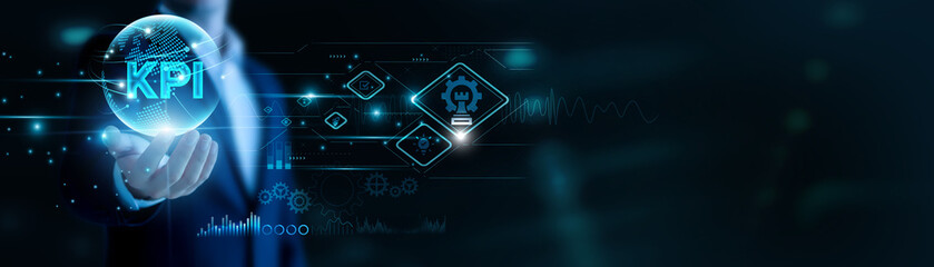 Businessman hand hold KPI and global networking, tracking performance metrics. Insightful data supports decisions, measurable goals enhance strategic growth.