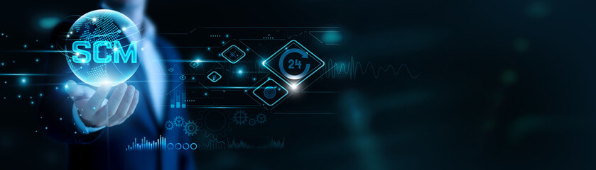 Businessman hand hold SCM and global networking, optimizing global logistics. Real-time tracking...