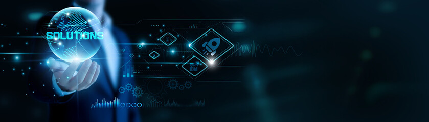 Businessman hand hold Solutions and global networking, solving business challenges. Efficient strategies support growth, innovative ideas drive competitive advantage.