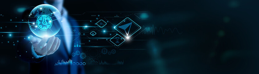 Businessman hand hold Time Management and global networking, optimizing productivity. Smart planning increases efficiency, organized workflows improve performance.