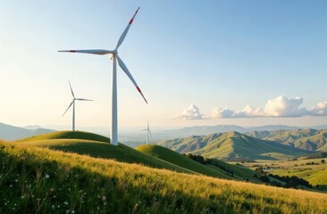 Landscape with wind turbines. Renewable energy. Green energy electricity. High quality photo