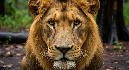 Naklejka premium Majestic Lion in Rainy Forest Close-Up