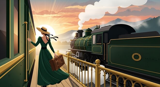 Elegant Woman Boarding Steam Train at Sunset