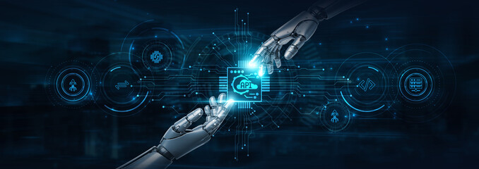 Hold on, robot hands manage API and futuristic interface, ensuring seamless integration. Data exchange. Advanced connectivity links applications efficiently across platforms.