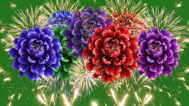Vibrant Blossoms: A stunning visual of radiant blossoms, each in a different color, explodes with a firework display, creating a captivating and joyous atmosphere.