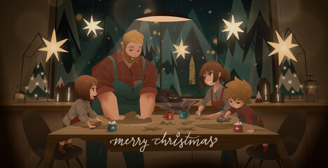 Happy Christmas Kitchen Scene with a White Family Baking Gingerbread Cookies Together, Warm Lights, Snowy Winter Evening Outside and Joyful Holiday Atmosphere in Cozy Cartoon Vector Illustration