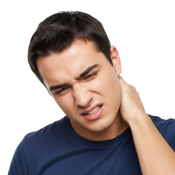 Man with neck pain holding his neck isolated on transparent background