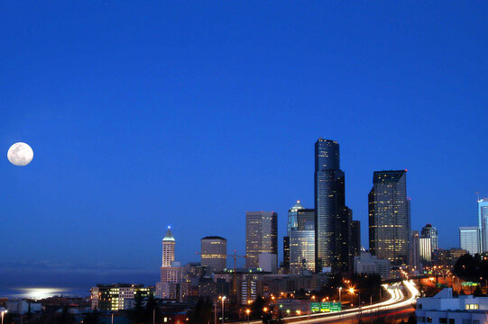 Seattle at Moonset in Early Morning