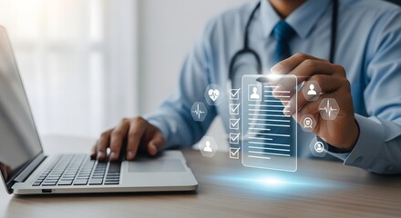 Doctor using laptop and futuristic medical technology interface