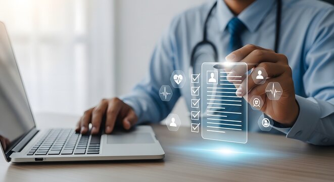Doctor using laptop and futuristic medical technology interface