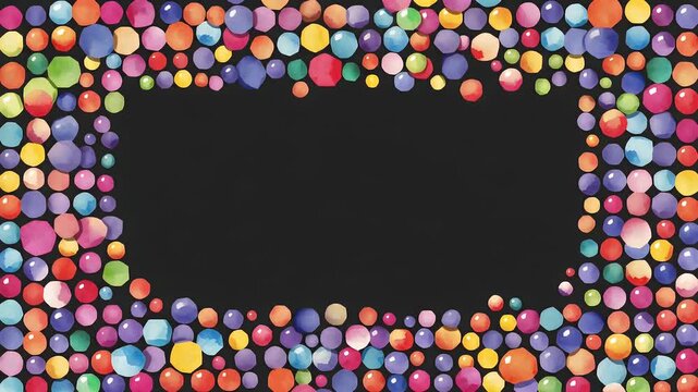 A vibrant frame of colorful, watercolor-style polka dots and irregular shapes against a dark background, perfect for text or images.