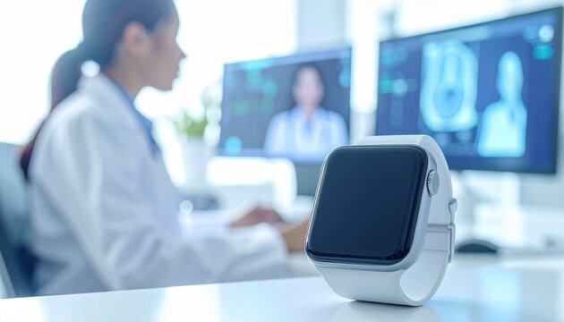 Closeup of a smartwatch on a desk with a blurred doctor analyzing medical data in the background representing innovation in digital healthcare and wearable technology