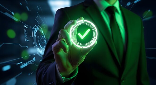 Businessman touches glowing green checkmark symbol on futuristic digital interface
