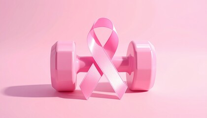Obraz premium Pink dumbbell with breast cancer awareness ribbon symbolizing strength health fitness and solidarity in October awareness campaign