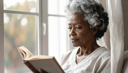 Elderly woman reading by the window in natural light symbolizes wisdom, peace, and lifelong curiosity, embracing quiet moments of reflection and knowledge