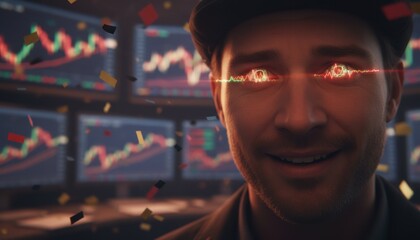 Obraz premium Man with glowing eyes celebrates trading success amid screens of market charts, symbolizing triumph, risk and emotional intensity of modern finance and digital speculation culture