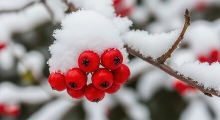 Red winter berries covered with fresh snow