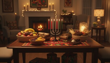 Table with candles and fruits celebrating Kwanzaa holiday symbolizing unity, community, and African heritage traditions in warm home atmosphere