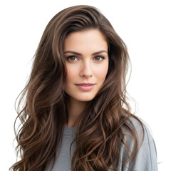 Naklejka premium Beautiful woman with long wavy brown hair isolated on transparent background