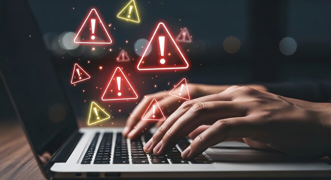 Cybersecurity warning signs appearing over hands typing on a laptop