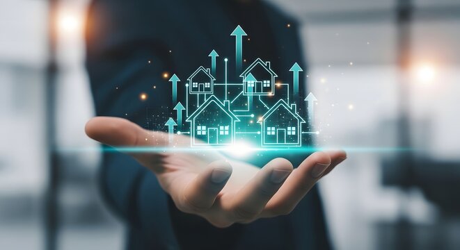 Hand holding glowing digital houses with upward arrows symbolizing growth
