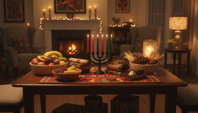 Table with candles and fruits celebrating Kwanzaa holiday symbolizing unity, community, and African heritage traditions in warm home atmosphere