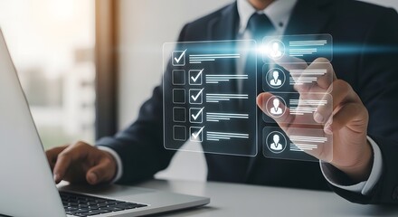 Businessman interacting with a digital checklist and user profile interface