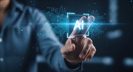 Person touching glowing ai interface with digital data streams