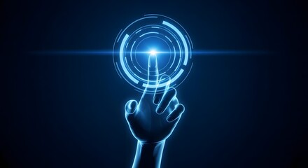 Human finger touching glowing blue digital interface with futuristic technology