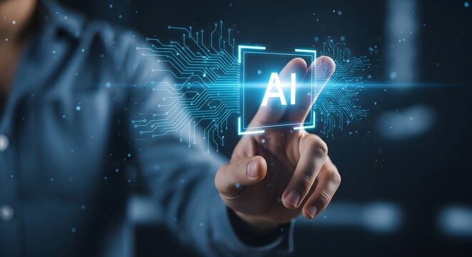 Person touching glowing ai interface with digital data streams