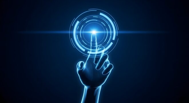 Human finger touching glowing blue digital interface with futuristic technology