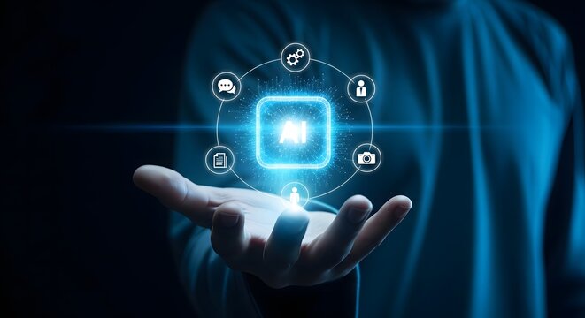 Hand holding glowing digital interface with interconnected technology icons