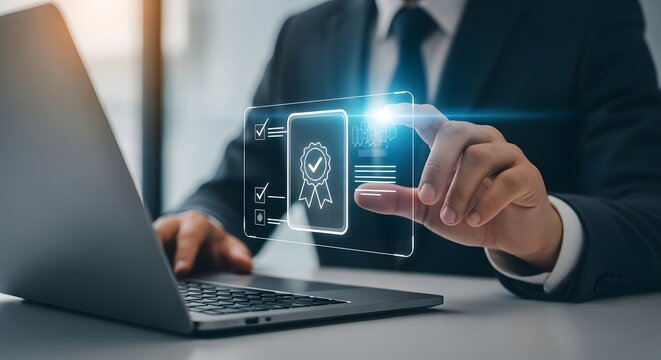 Businessman interacting with digital security interface on futuristic screen