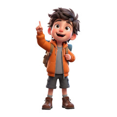 Animated young boy with backpack pointing up isolated on transparent background