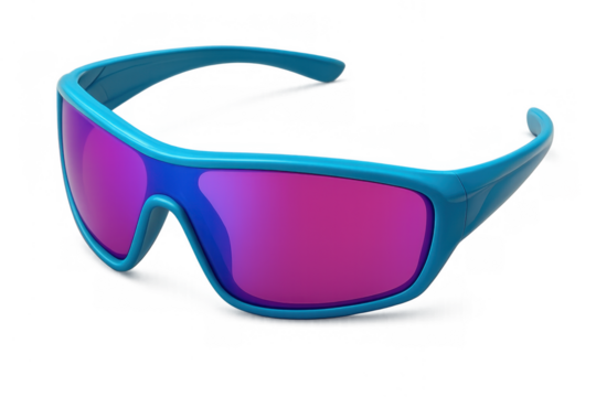 Blue sport sunglasses protecting eyes, reflecting purple and pink light, active lifestyle eyewear with transparent background