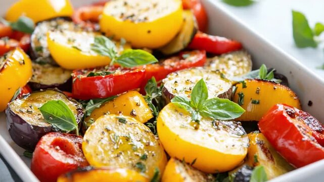Vegetable Medley: A vibrant medley of grilled vegetables, including tomatoes, squash, eggplant, and basil. Each vegetable is perfectly grilled