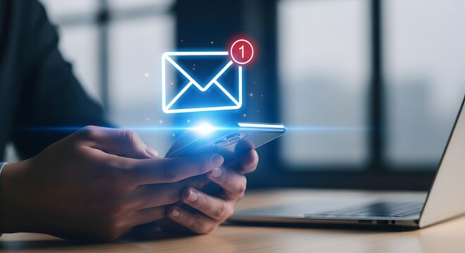 Person checks new email notification on smartphone with glowing icon
