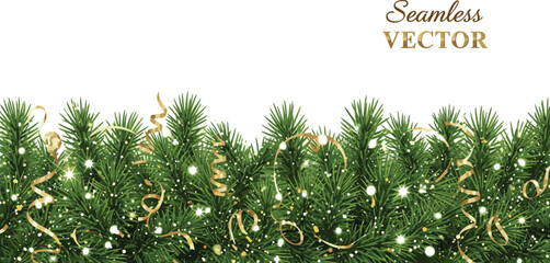 Festive Christmas Border Spruce Branches with Golden Ribbons and Delicate Snowflakes for Holiday Decor
