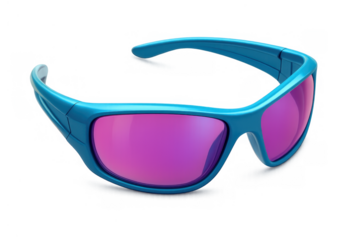 Sport sunglasses with blue frame and purple reflective lenses providing eye protection, isolated on transparent background