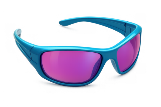 Sport sunglasses with blue frame and purple reflective lenses providing eye protection, isolated on transparent background