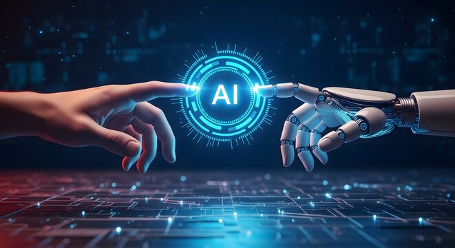 Human and robot hands connect to ai interface in futuristic digital world